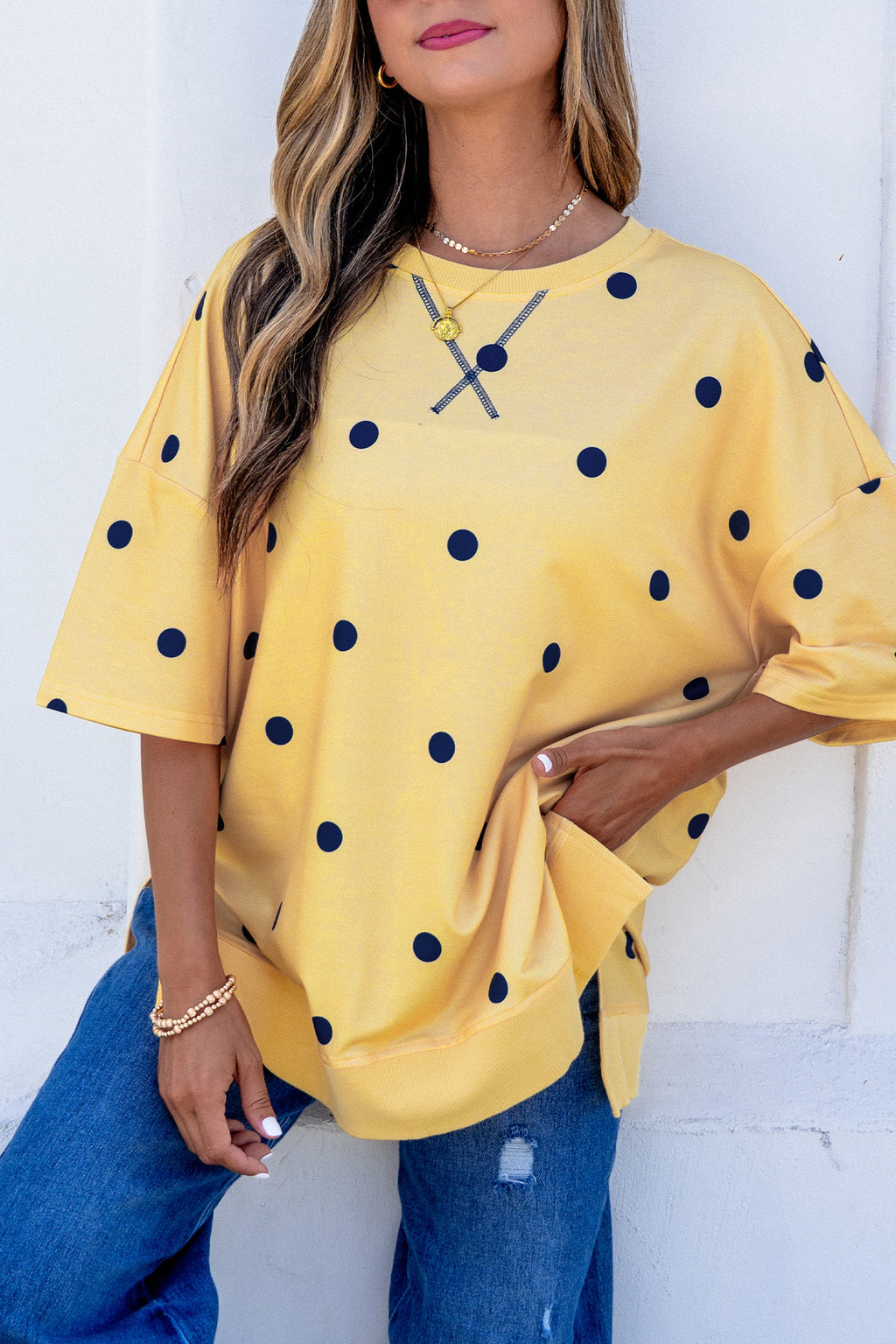 Sky Blue Polka Dot Print Crossed Seam Detail Oversize Top