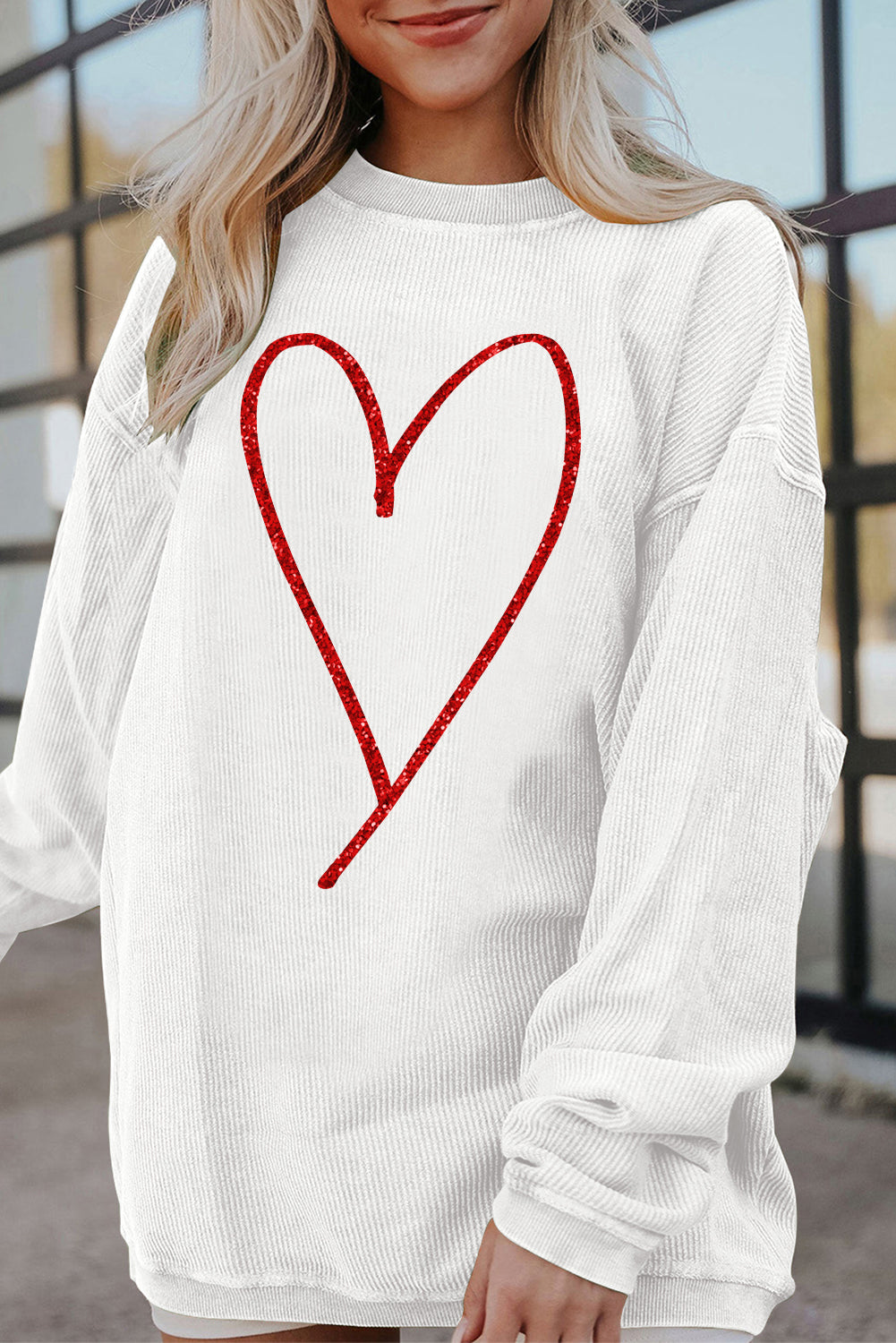 White Glittering Heart Printed Corded Sweatshirt