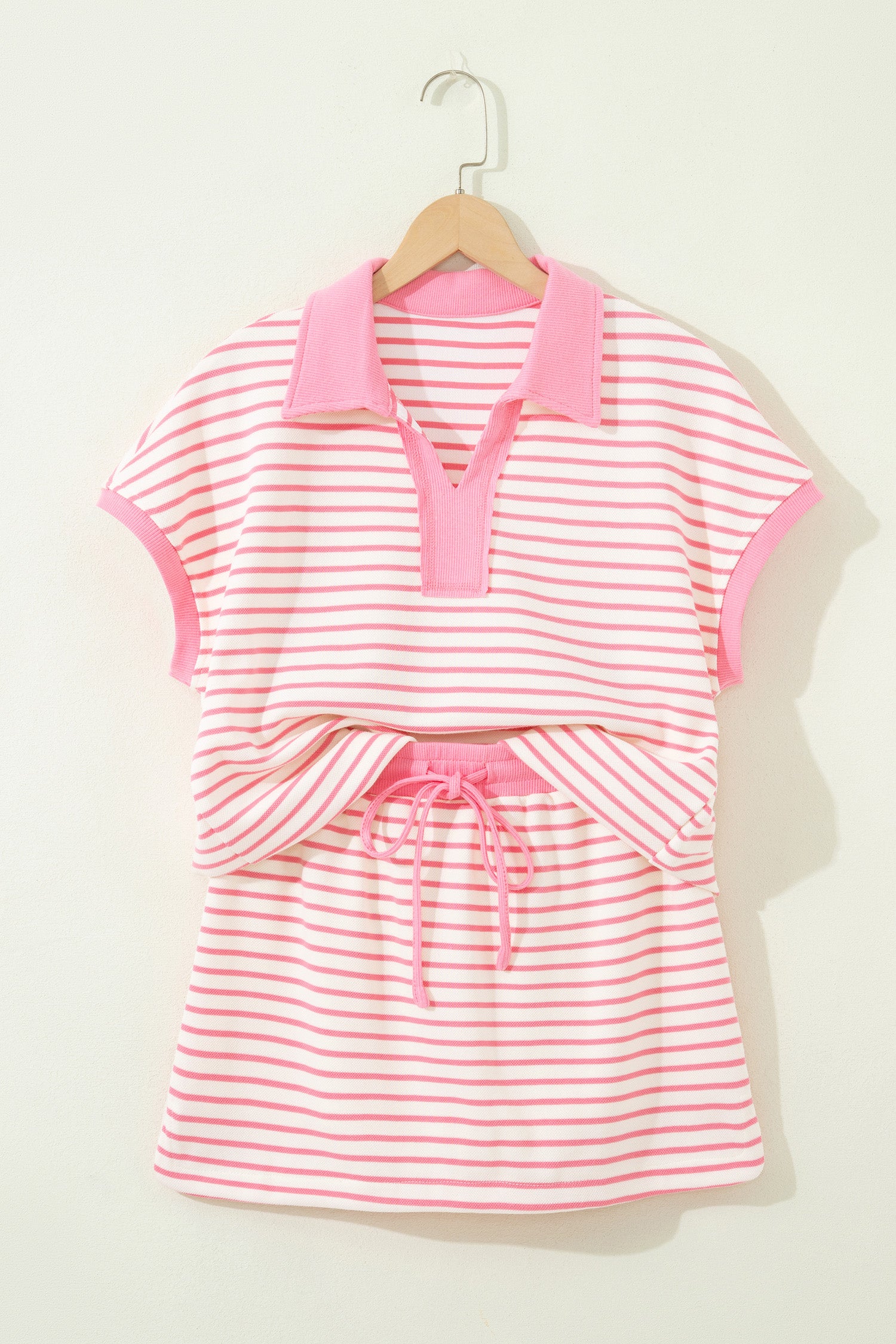 Pink Stripe Color Block Drawstring Elastic Waist 2pcs Skort Set