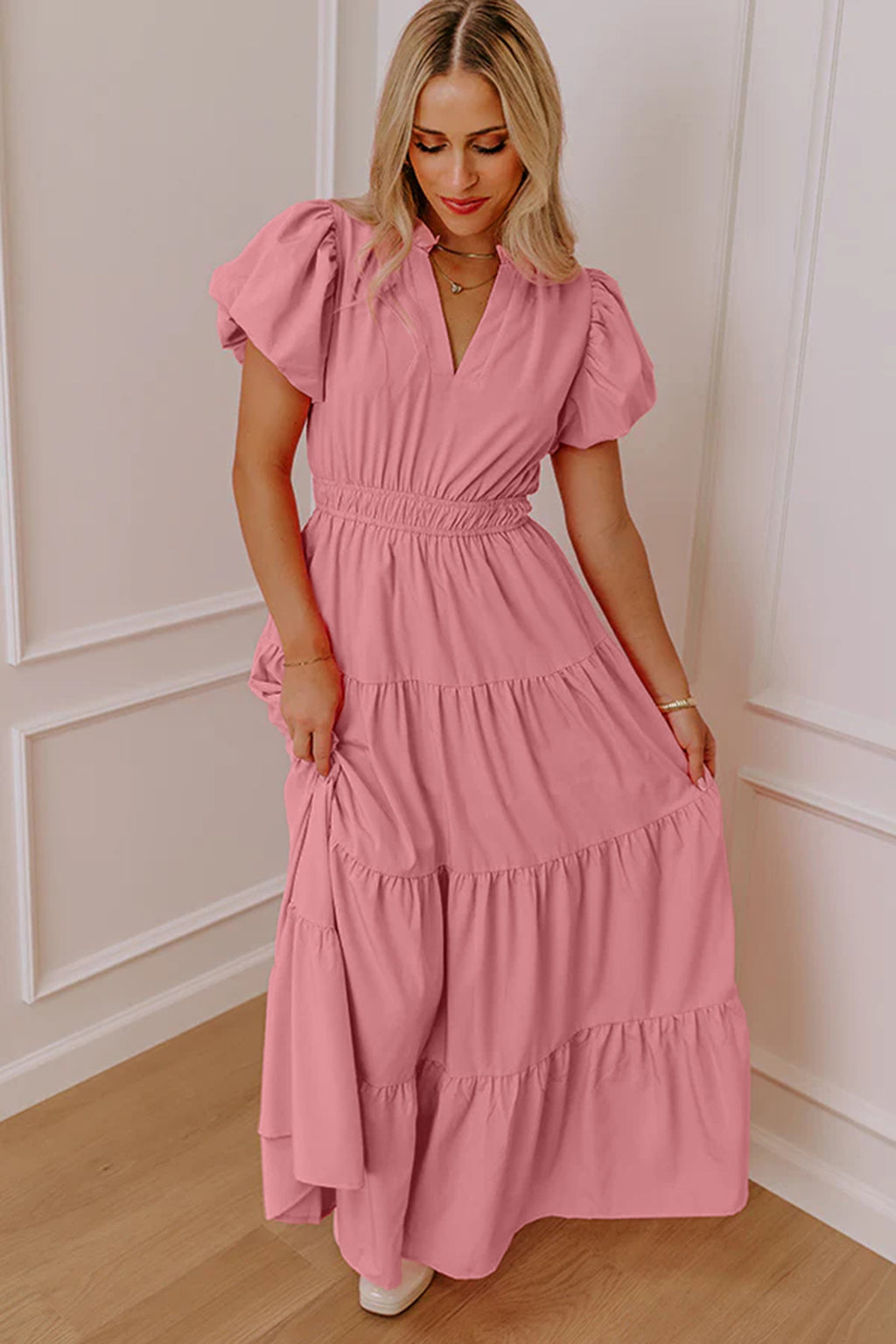 Green Solid Color V Neck Short Puff Sleeve High Waist Tiered Maxi Dress