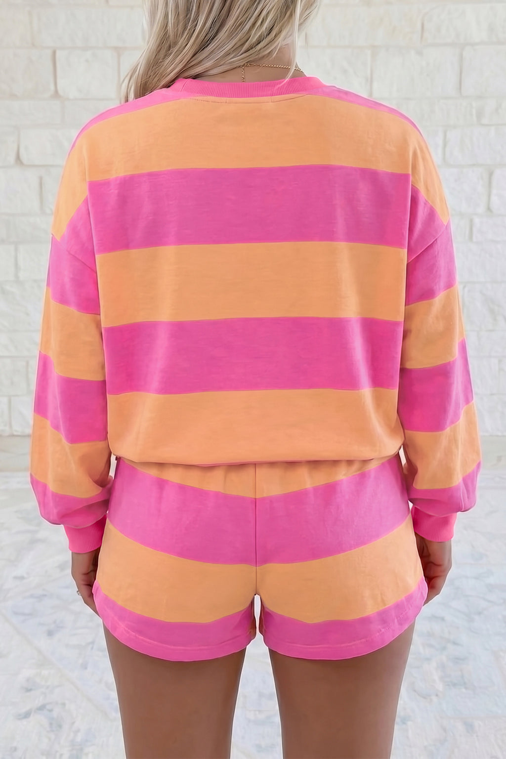 Pink Stripe Long Sleeve Casual Top Drawstring Shorts Two Piece Set