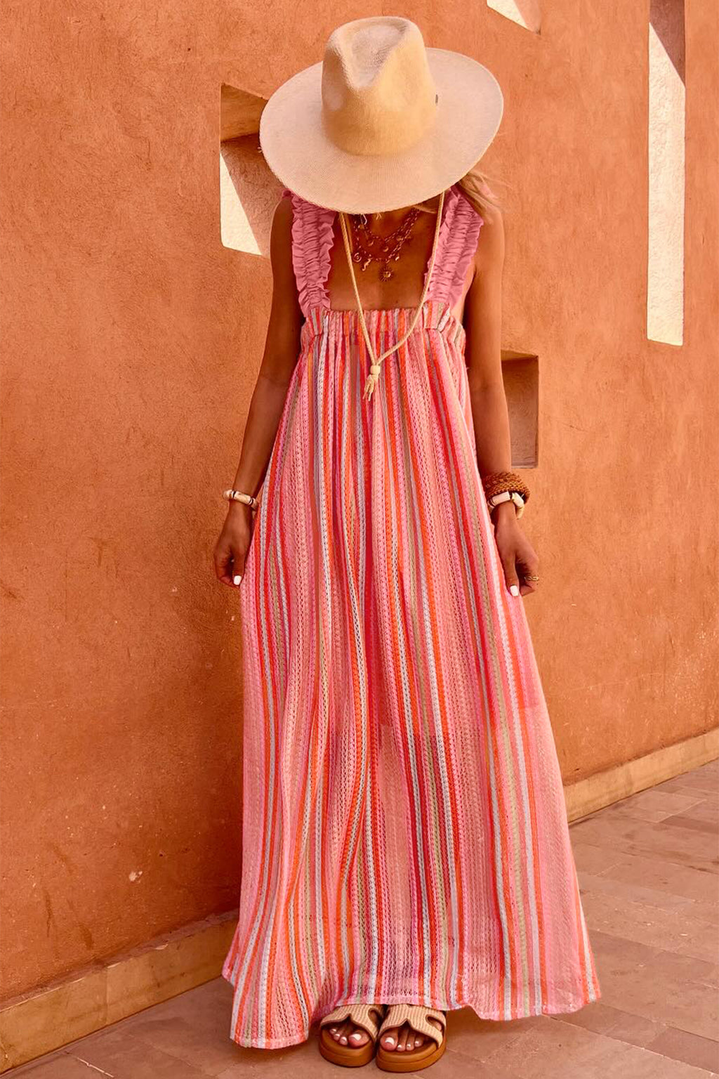 Pink Stripe Ruffled Straps Ribbon Knot Maxi Dress