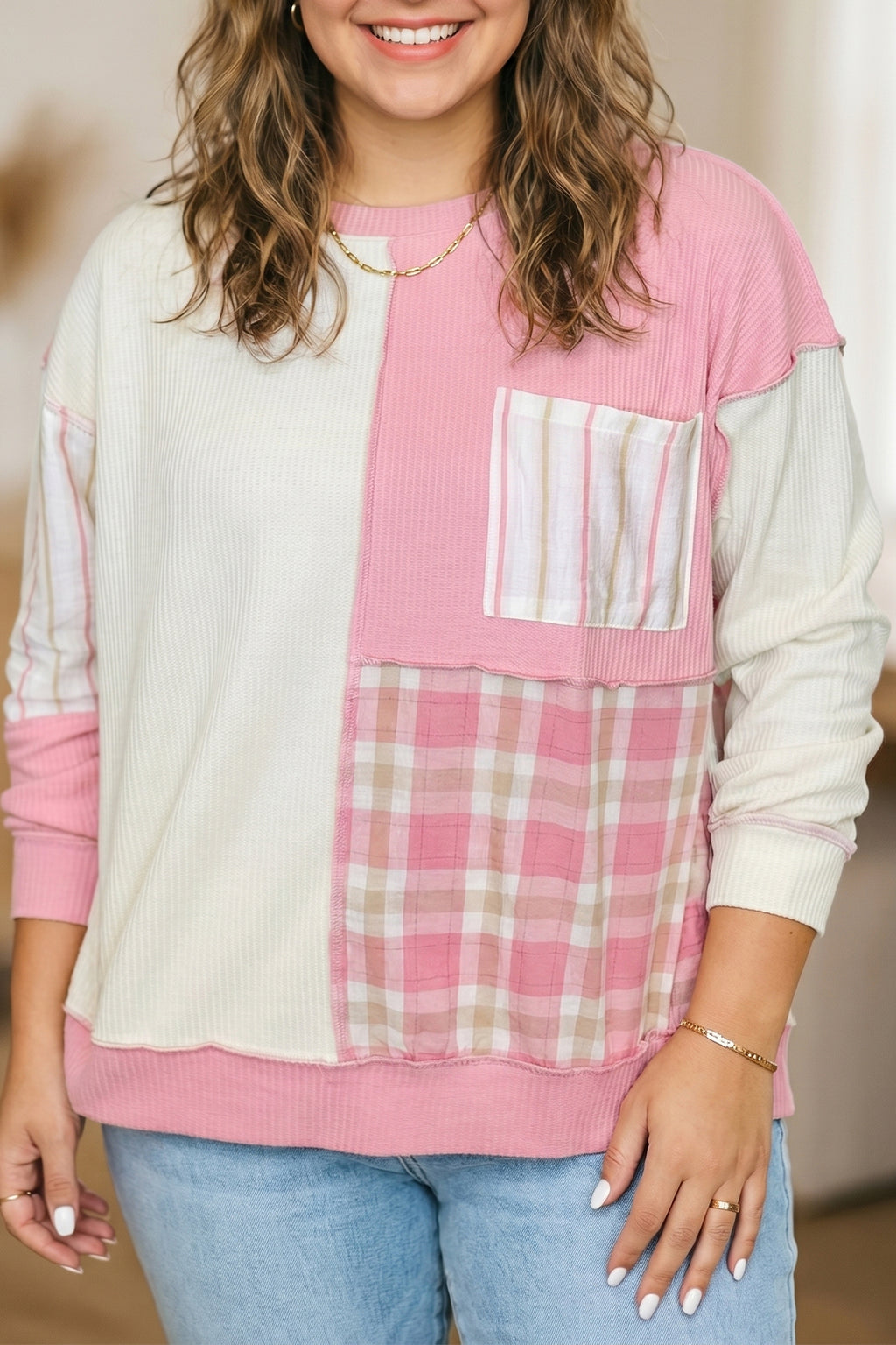 Pink Colorblock Plaid Panel Long Sleeve Plus Size Top