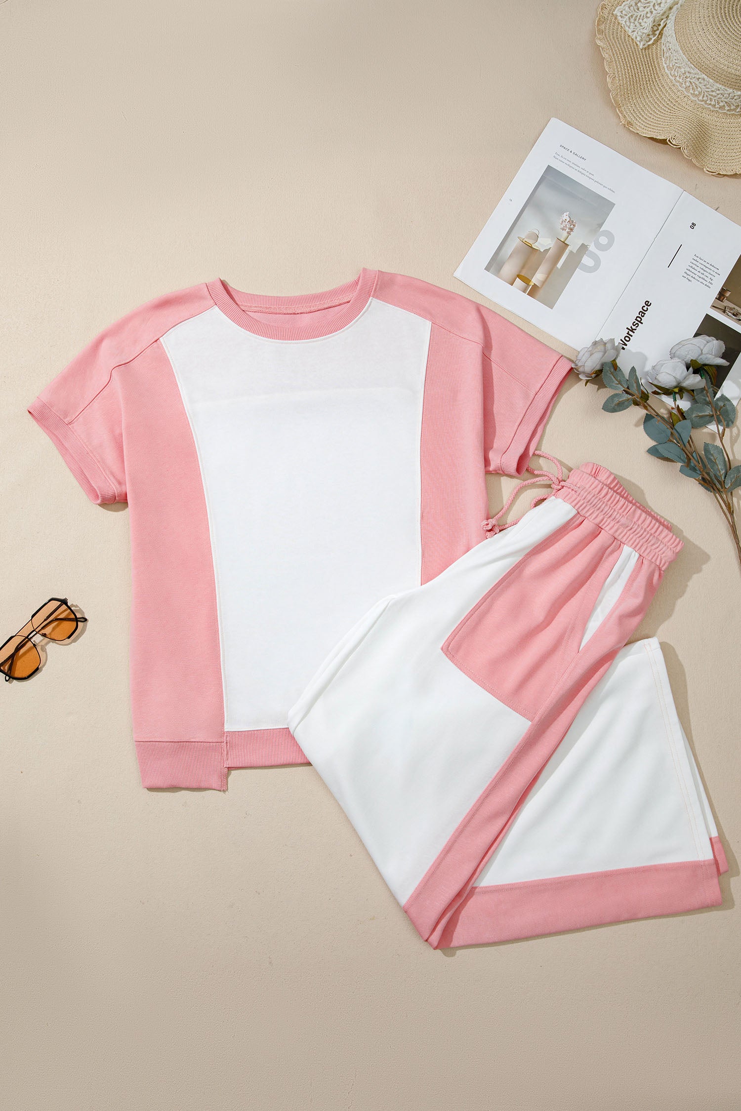 White Two-tone Color Block Drawstring Loose Pant Set