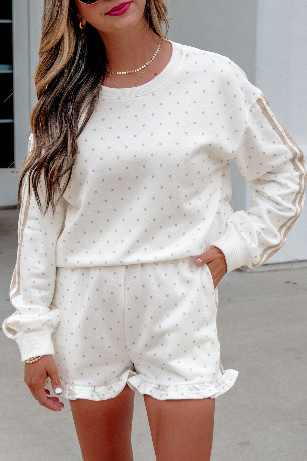 White Polka Dot Print Side Stripe Two Piece Set