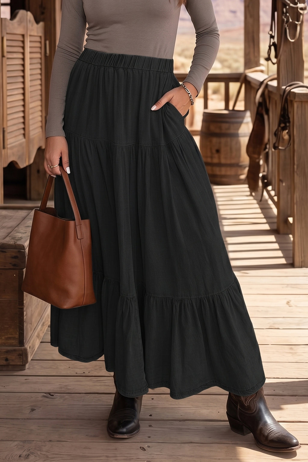 Elastic Waist Tiered Maxi Skirt