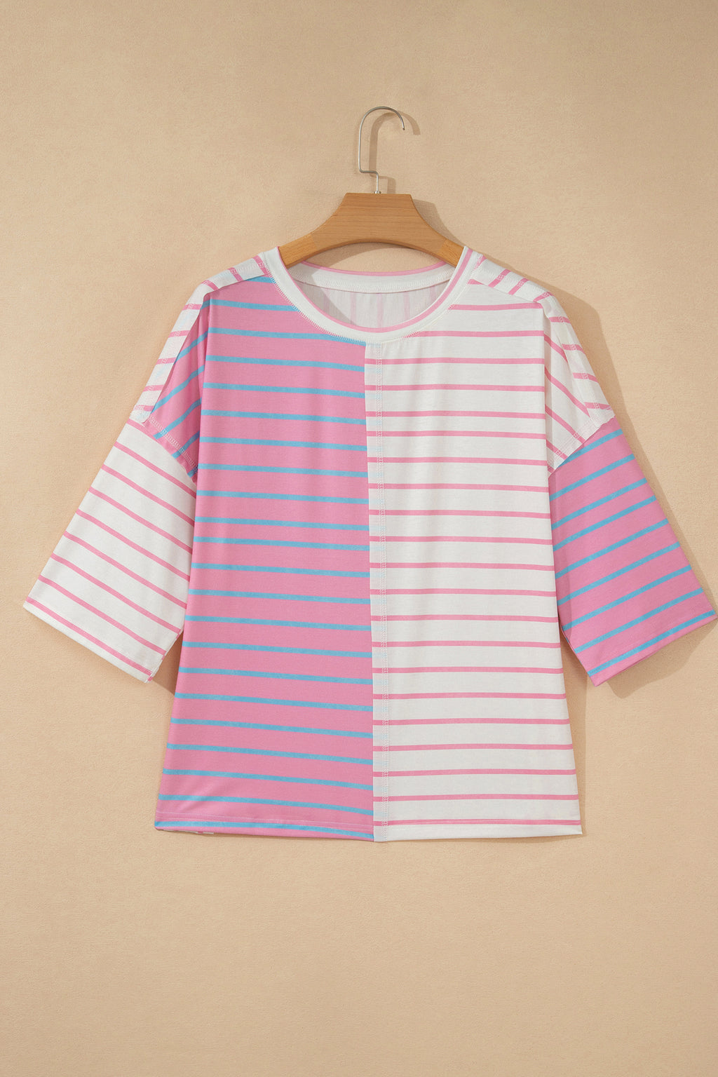 Stripe Colorblock 3/4 Sleeve Loose Top