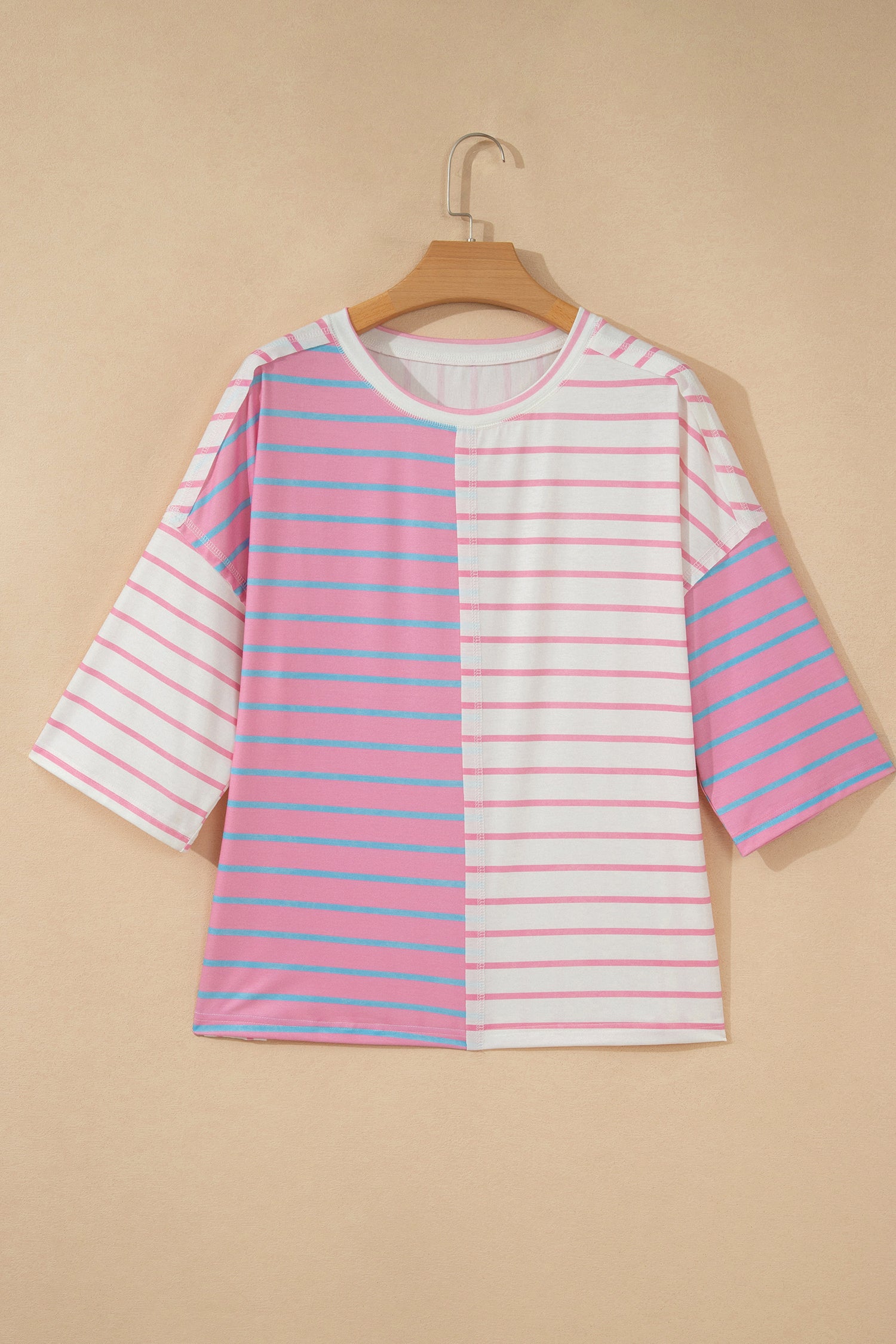 Stripe Colorblock 3/4 Sleeve Loose Top