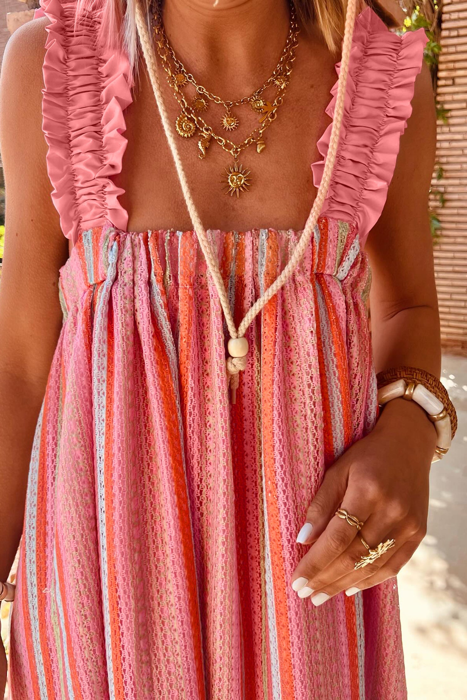 Pink Stripe Ruffled Straps Ribbon Knot Maxi Dress