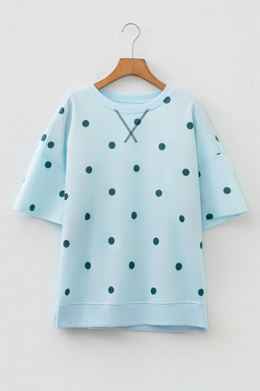 Sky Blue Polka Dot Print Crossed Seam Detail Oversize Top