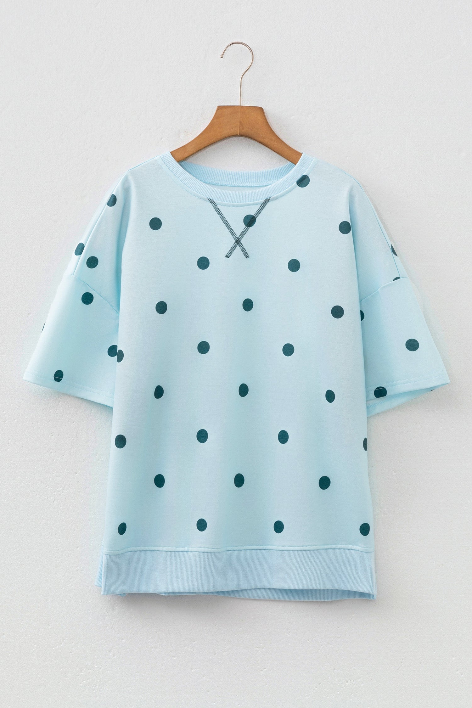 Sky Blue Polka Dot Print Crossed Seam Detail Oversize Top