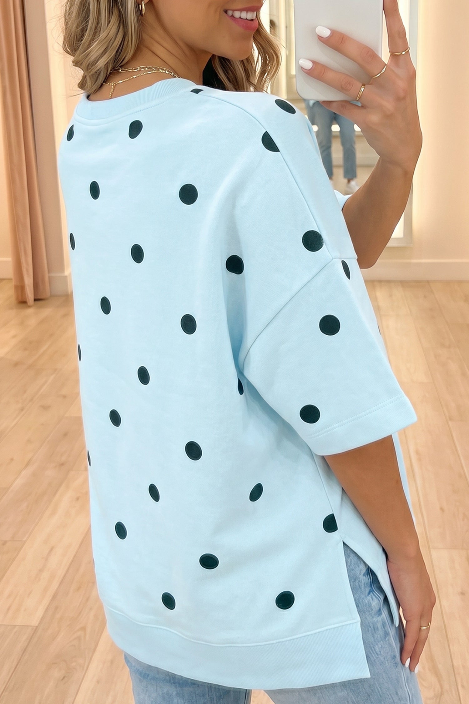 Sky Blue Polka Dot Print Crossed Seam Detail Oversize Top