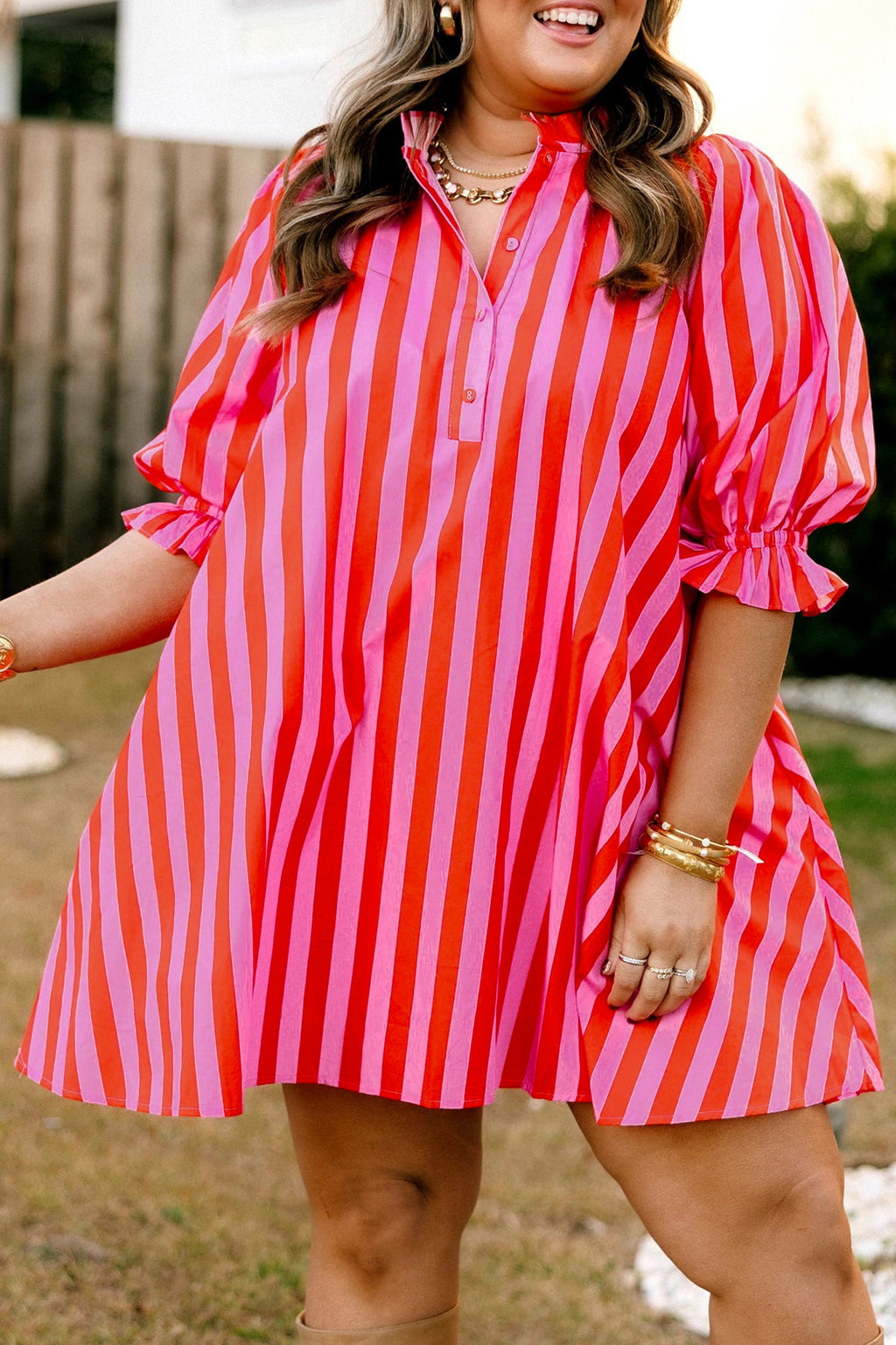 Stripe Collar Button Neck Short Sleeve Curvy Mini Dress