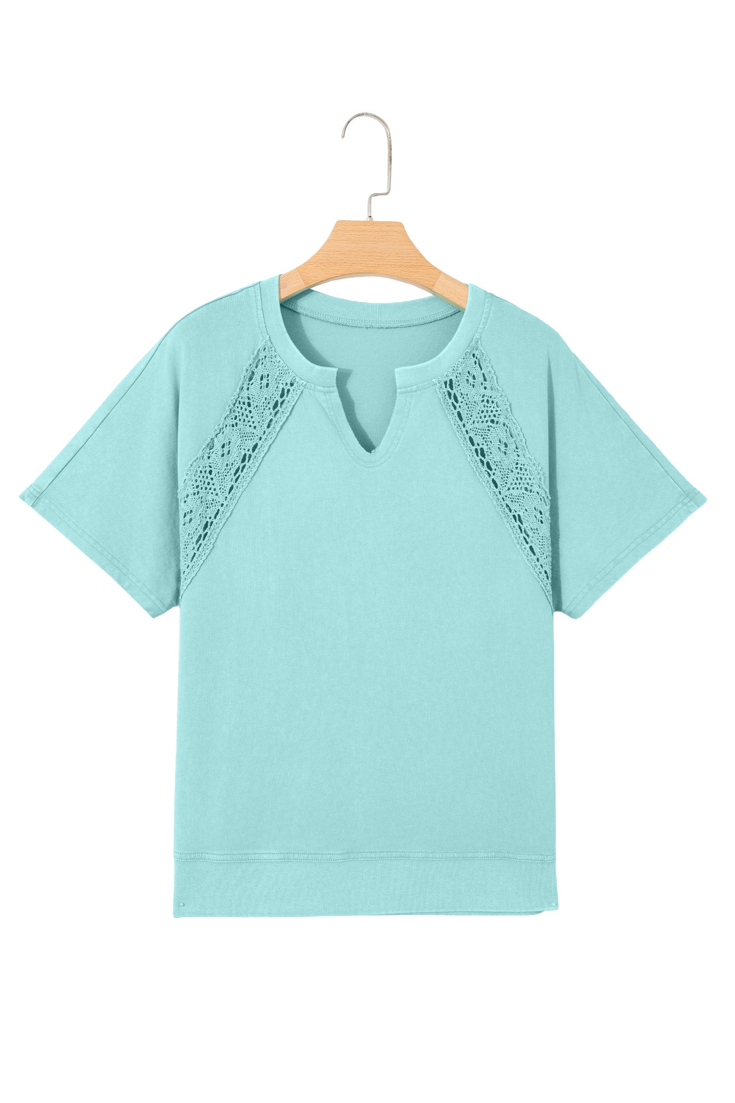 Mint Green Raw Cut Notched Neck Lace Patchwork Detail Mineral Wash Top