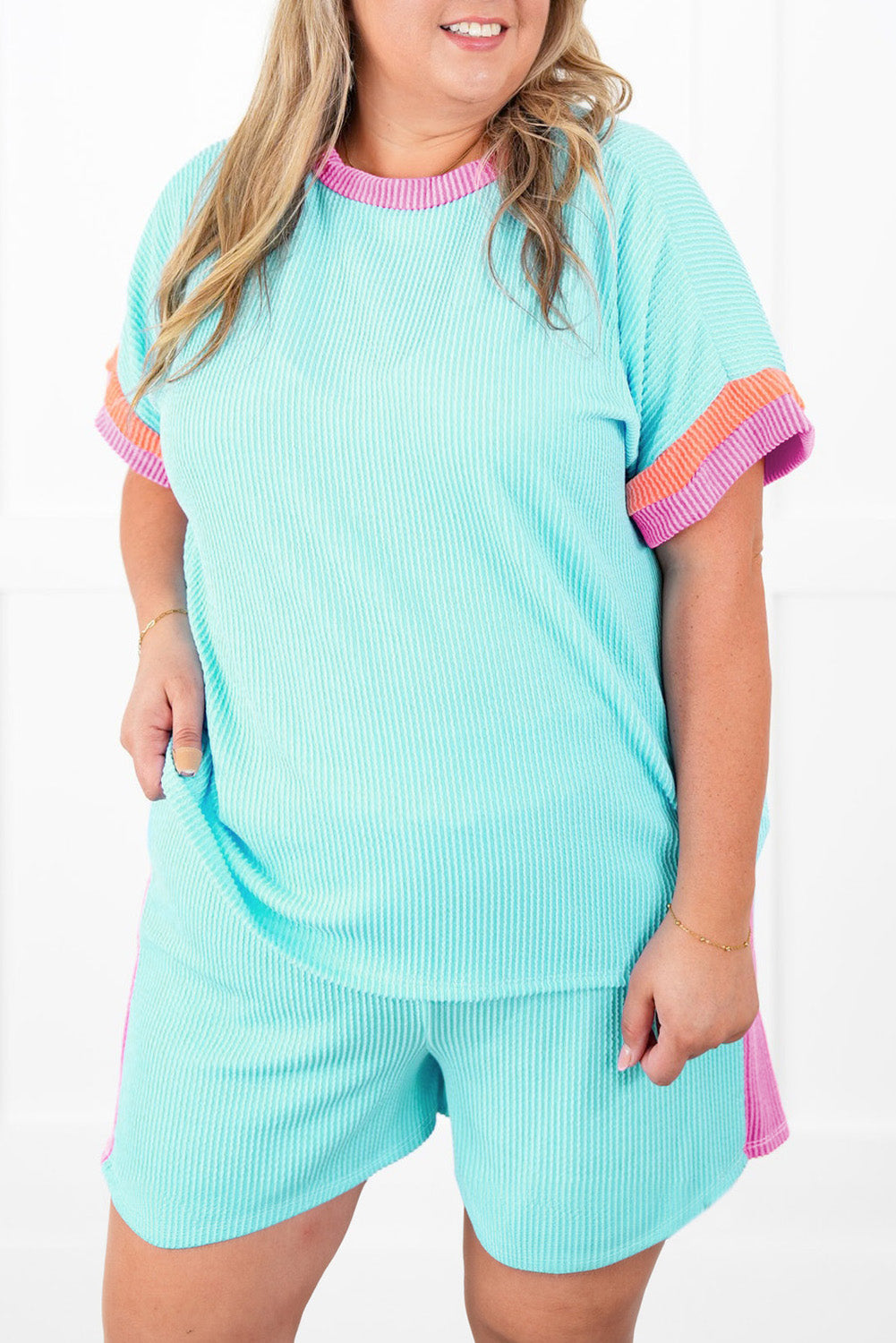 Plus Size Color Block Corded Two Piece Set