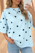 Sky Blue Polka Dot Print Crossed Seam Detail Oversize Top