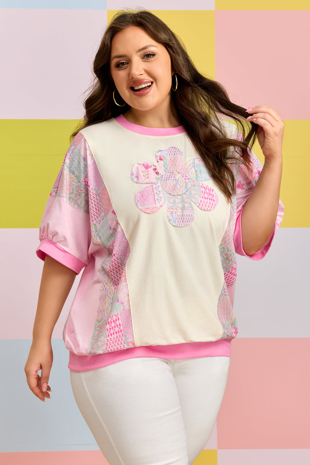 Beige Plus Size Floral Patchwork Short Sleeve Patch Embroidery Cotton Top