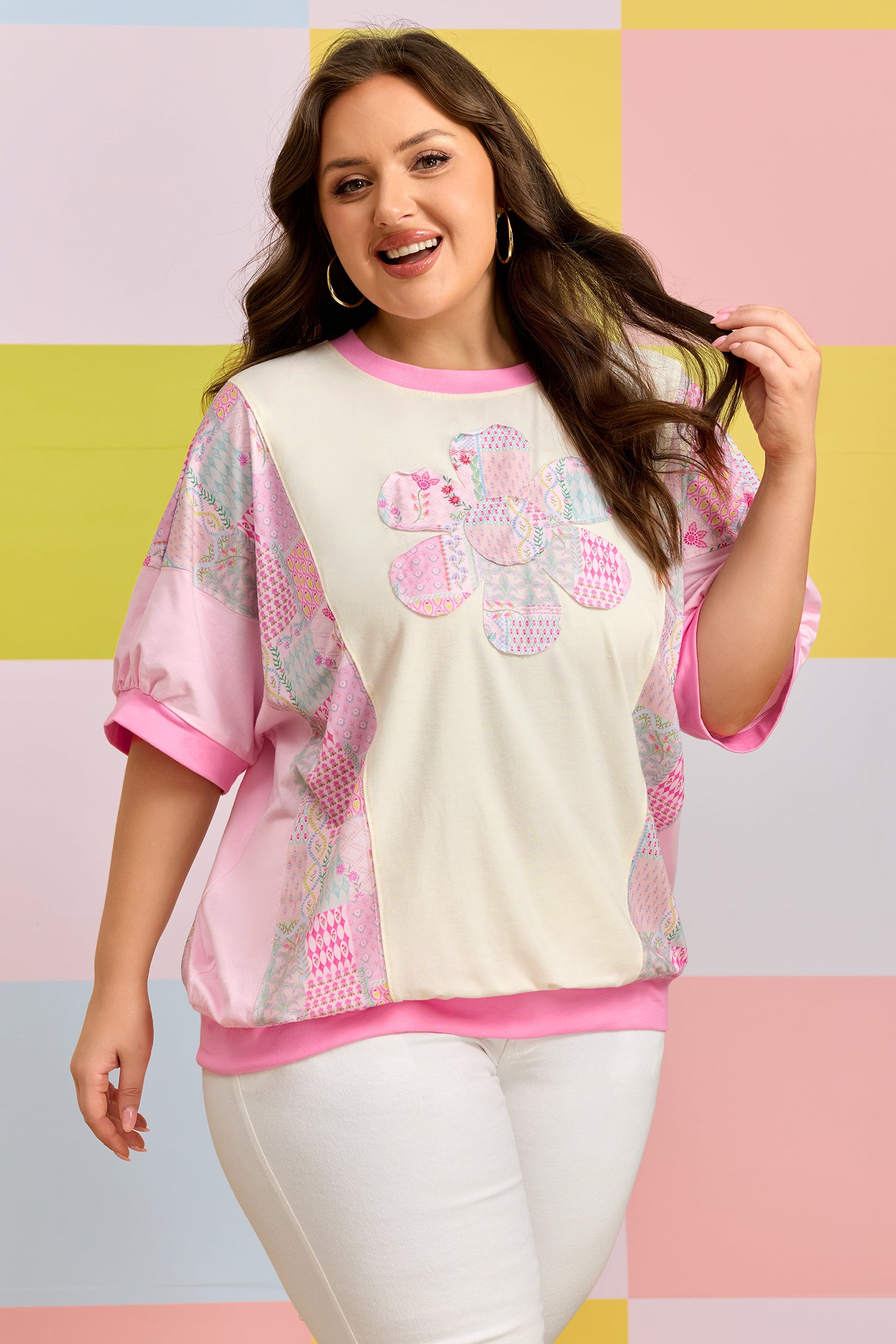 Beige Plus Size Floral Patchwork Short Sleeve Patch Embroidery Cotton Top
