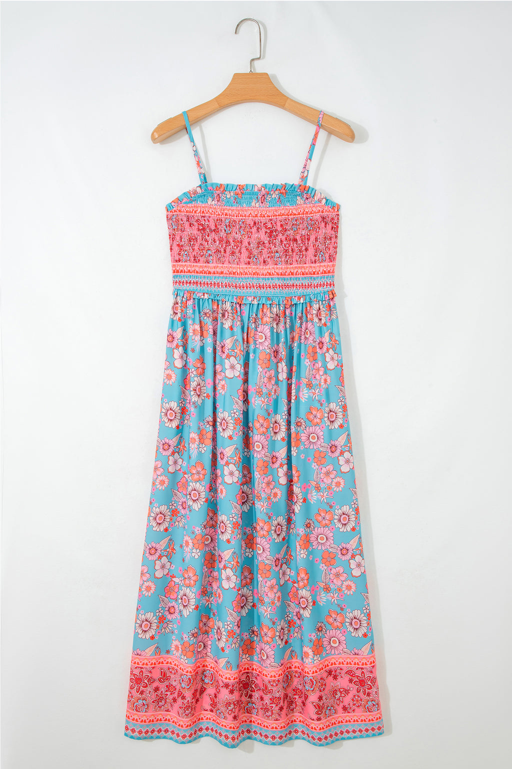 Sky Blue Bohemian Ethnic Print Spaghetti Straps Maxi Dress