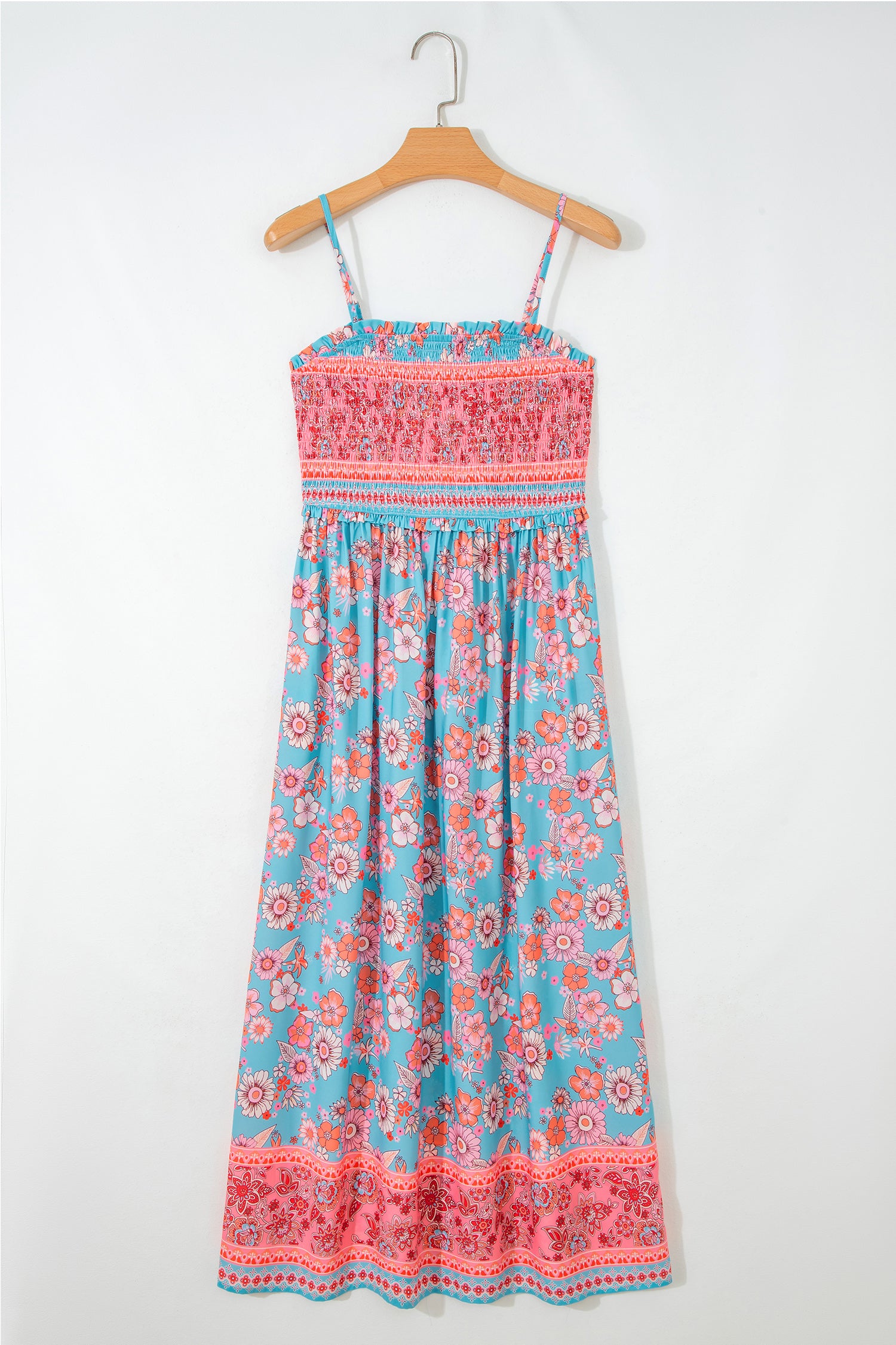 Sky Blue Bohemian Ethnic Print Spaghetti Straps Maxi Dress