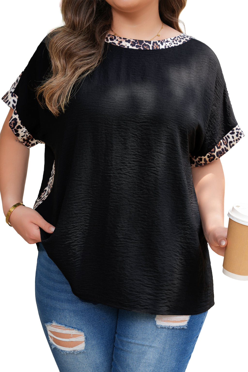 Black Plus Size Leopard Patchwork Round Neck Loose Top