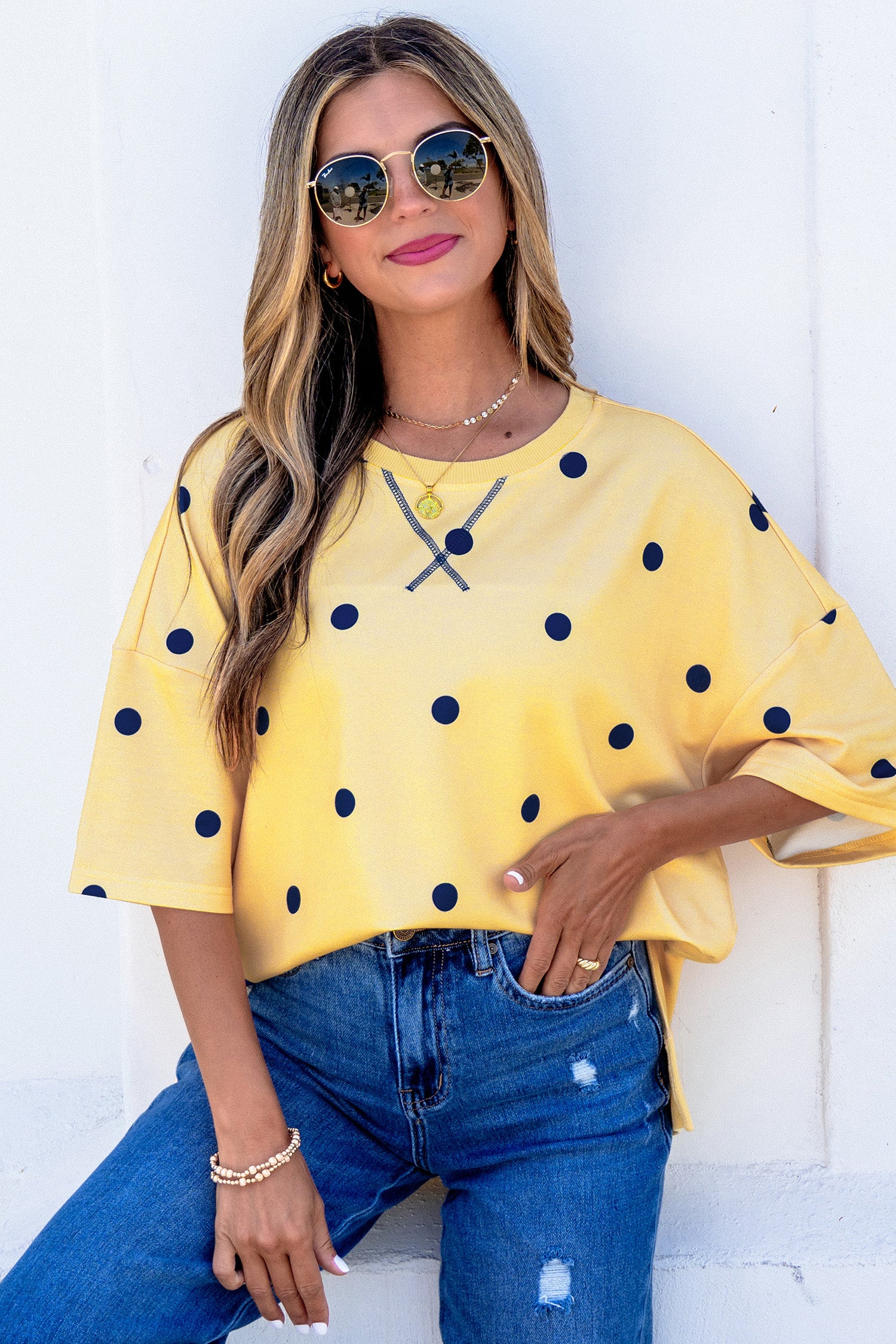 Sky Blue Polka Dot Print Crossed Seam Detail Oversize Top