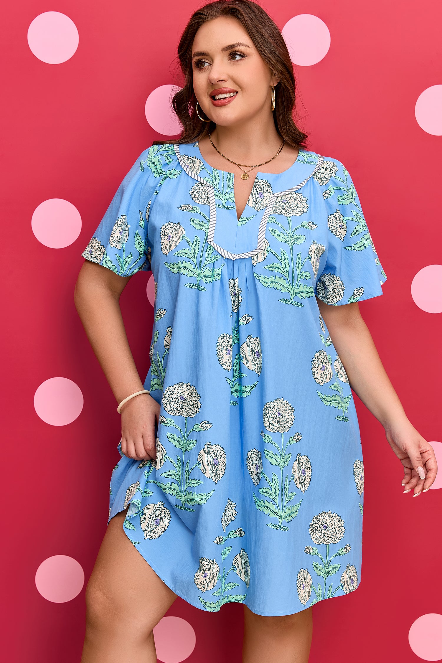 Sky Blue Plus Floral Printed Split Neck Mini Dress