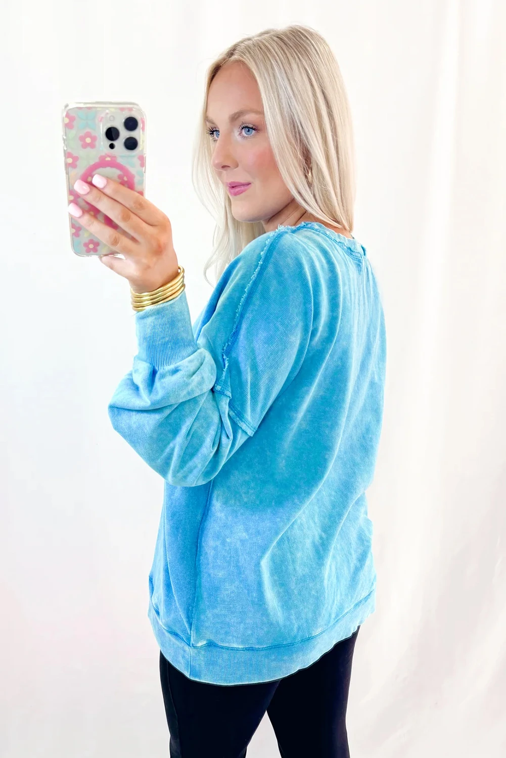 Blue Mineral Wash Raw Seam Double Patched Pocket Sweatshirt