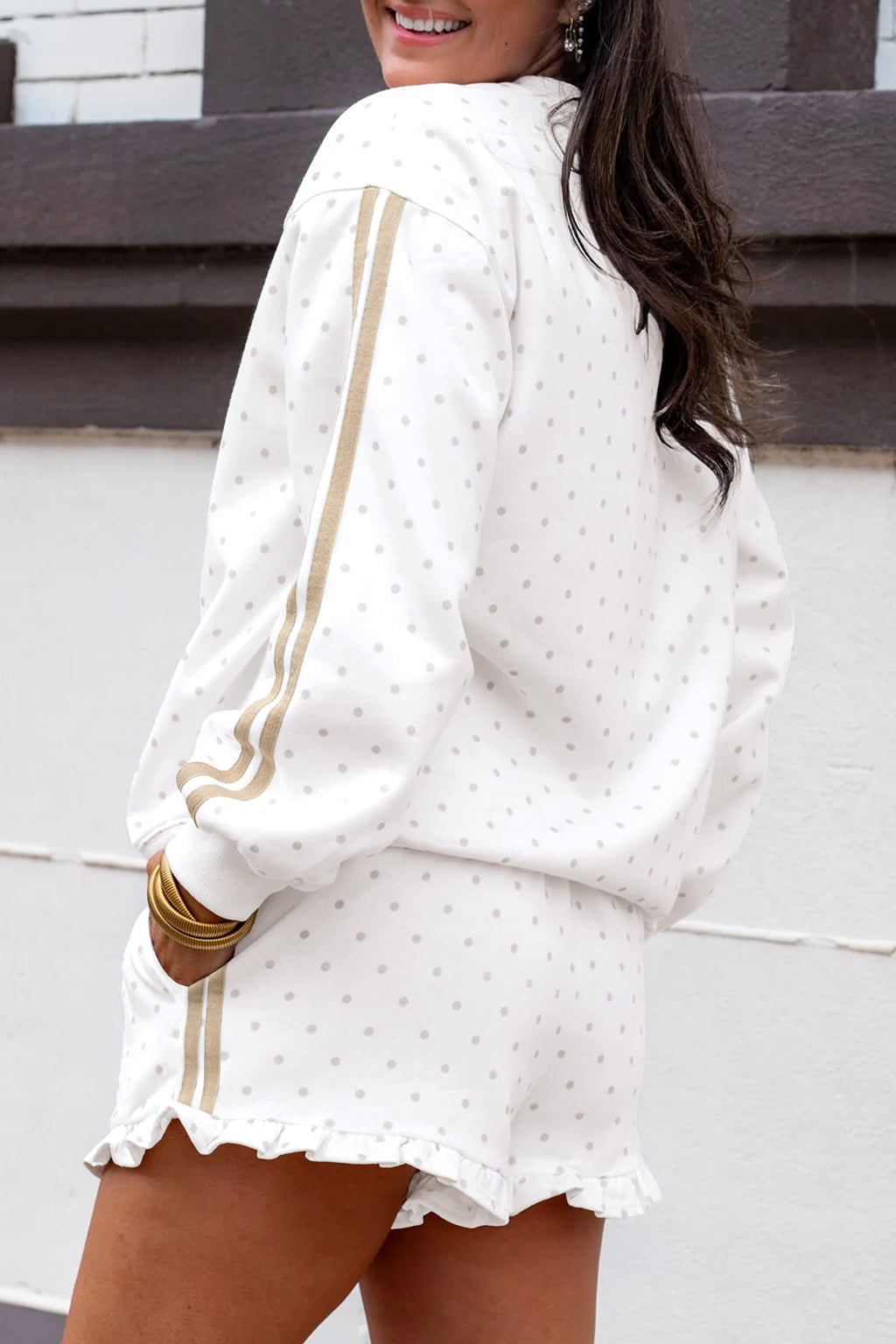 White Polka Dot Print Side Stripe Two Piece Set