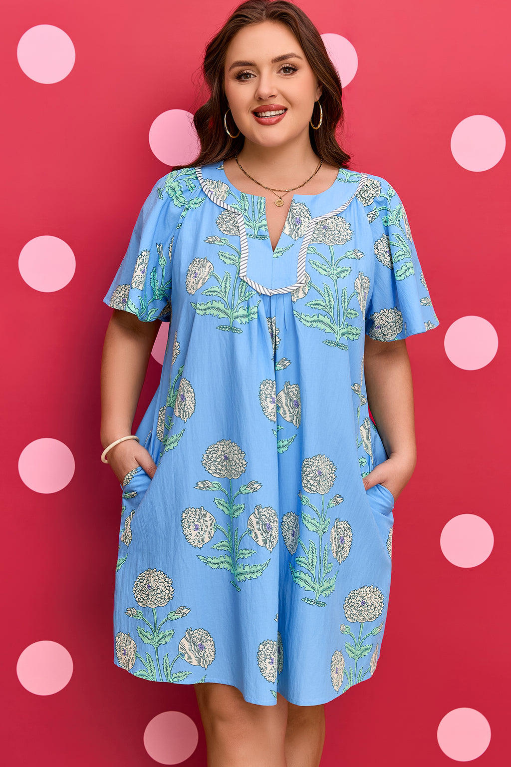 Sky Blue Plus Floral Printed Split Neck Mini Dress
