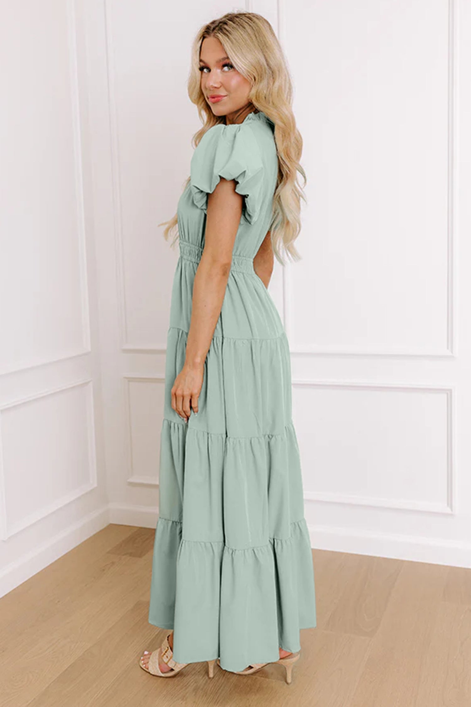 Green Solid Color V Neck Short Puff Sleeve High Waist Tiered Maxi Dress
