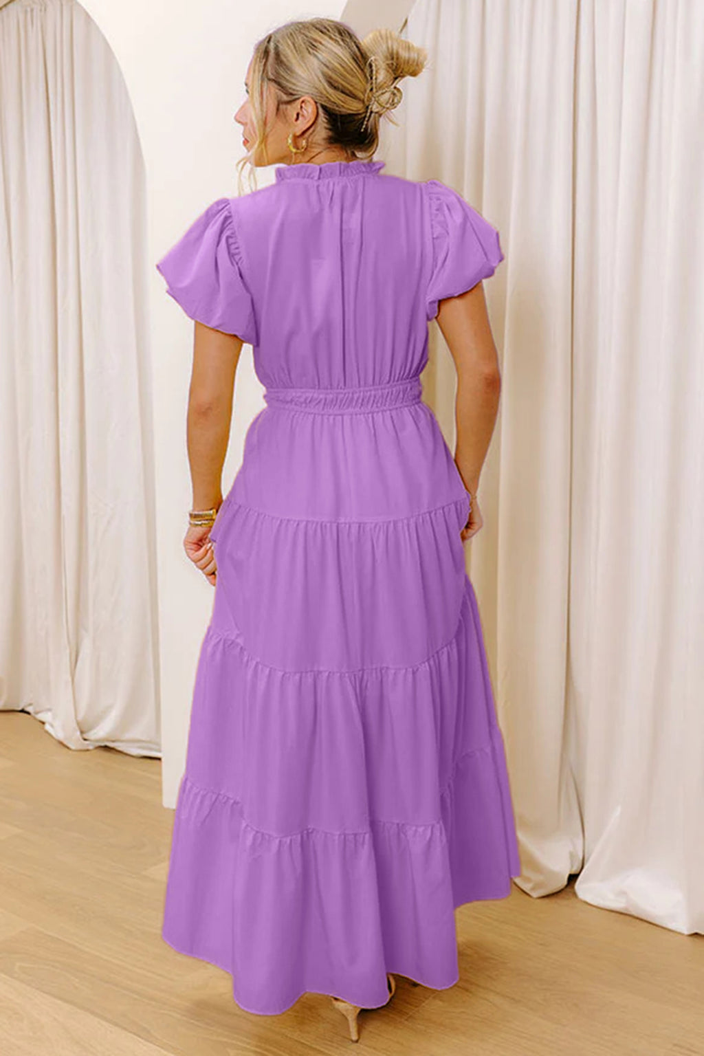 Green Solid Color V Neck Short Puff Sleeve High Waist Tiered Maxi Dress