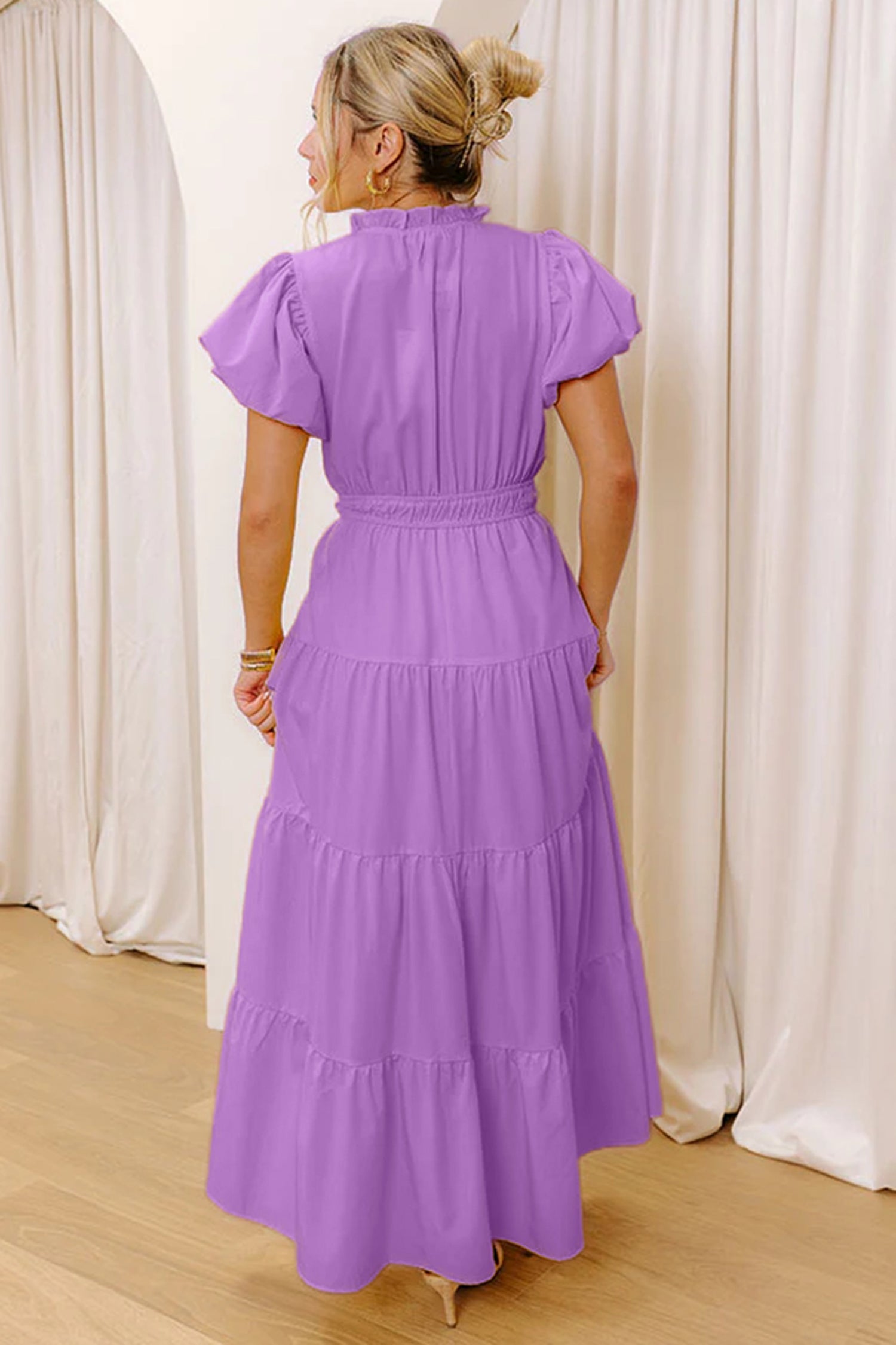 Green Solid Color V Neck Short Puff Sleeve High Waist Tiered Maxi Dress