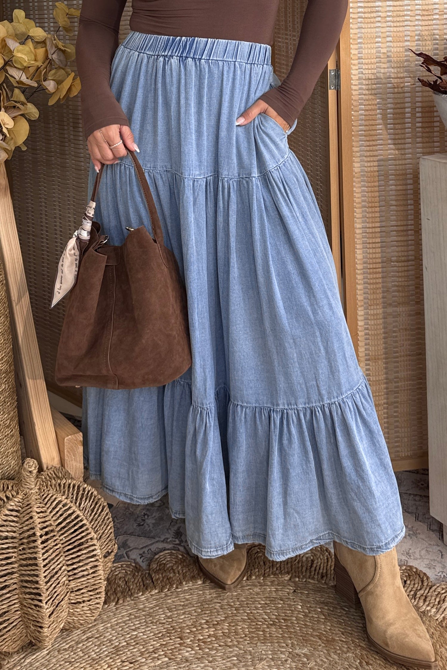Elastic Waist Tiered Maxi Skirt