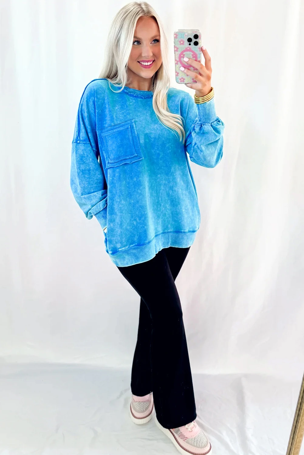 Blue Mineral Wash Raw Seam Double Patched Pocket Sweatshirt