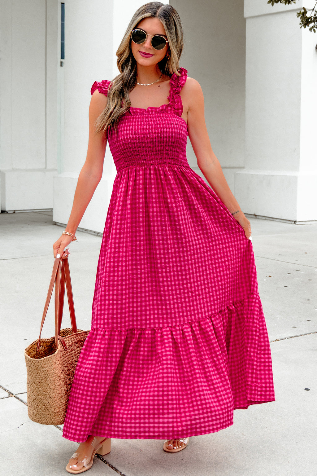 Red Plaid Square Neck Fit-and-flared Sundress