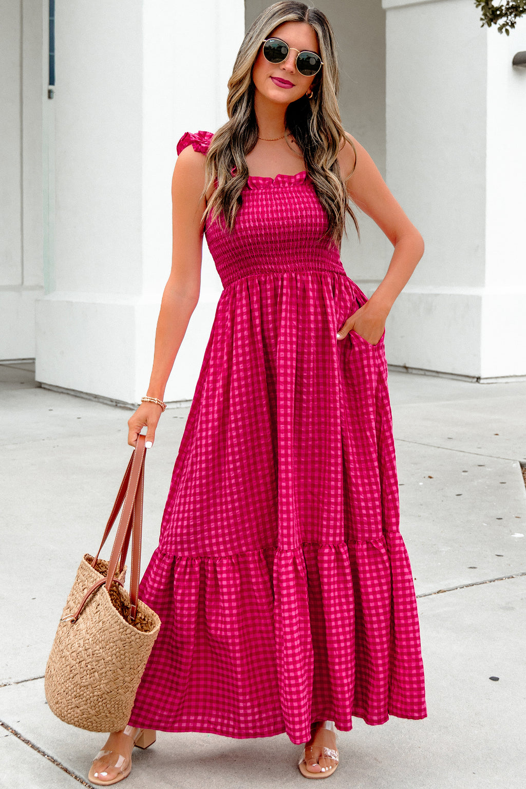 Red Plaid Square Neck Fit-and-flared Sundress
