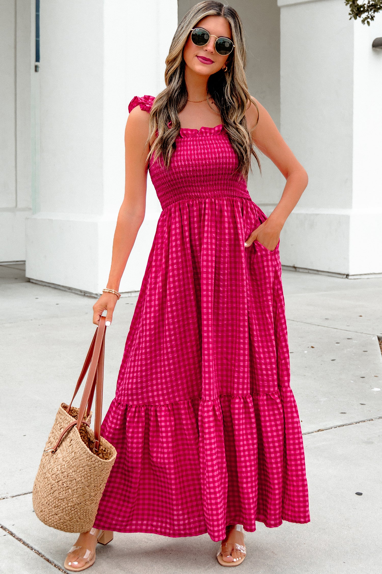 Red Plaid Square Neck Fit-and-flared Sundress