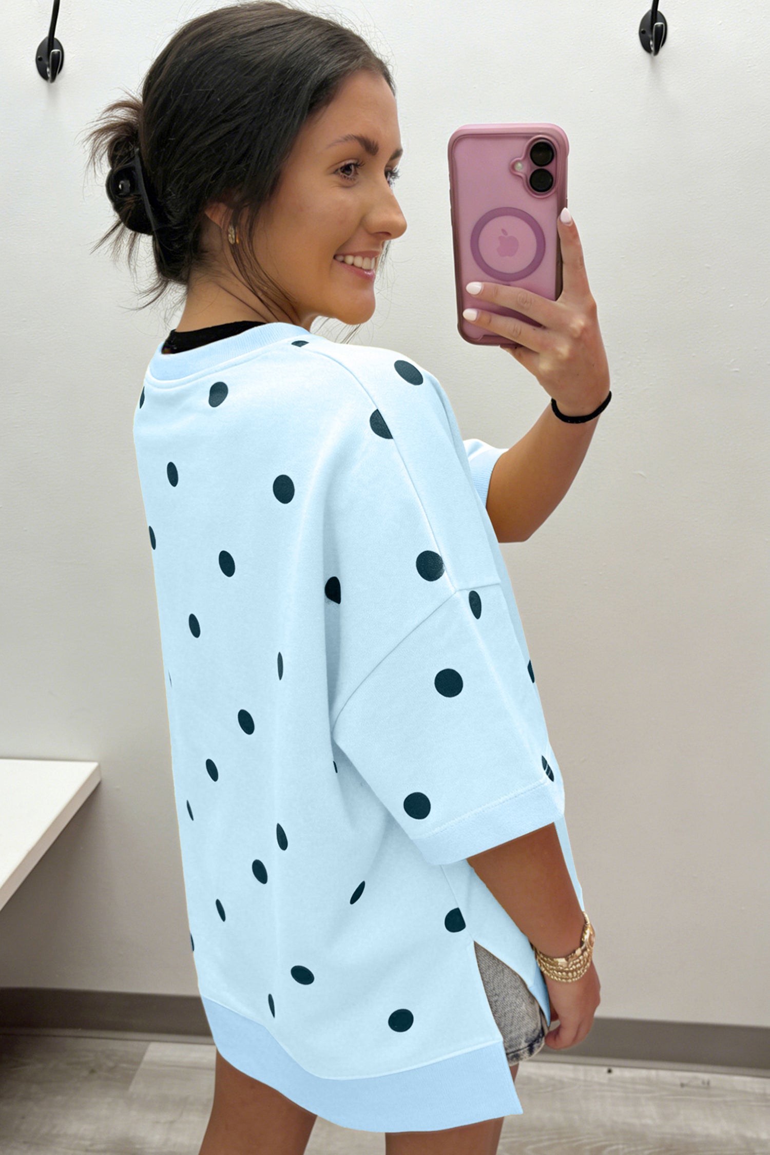 Sky Blue Polka Dot Print Crossed Seam Detail Oversize Top