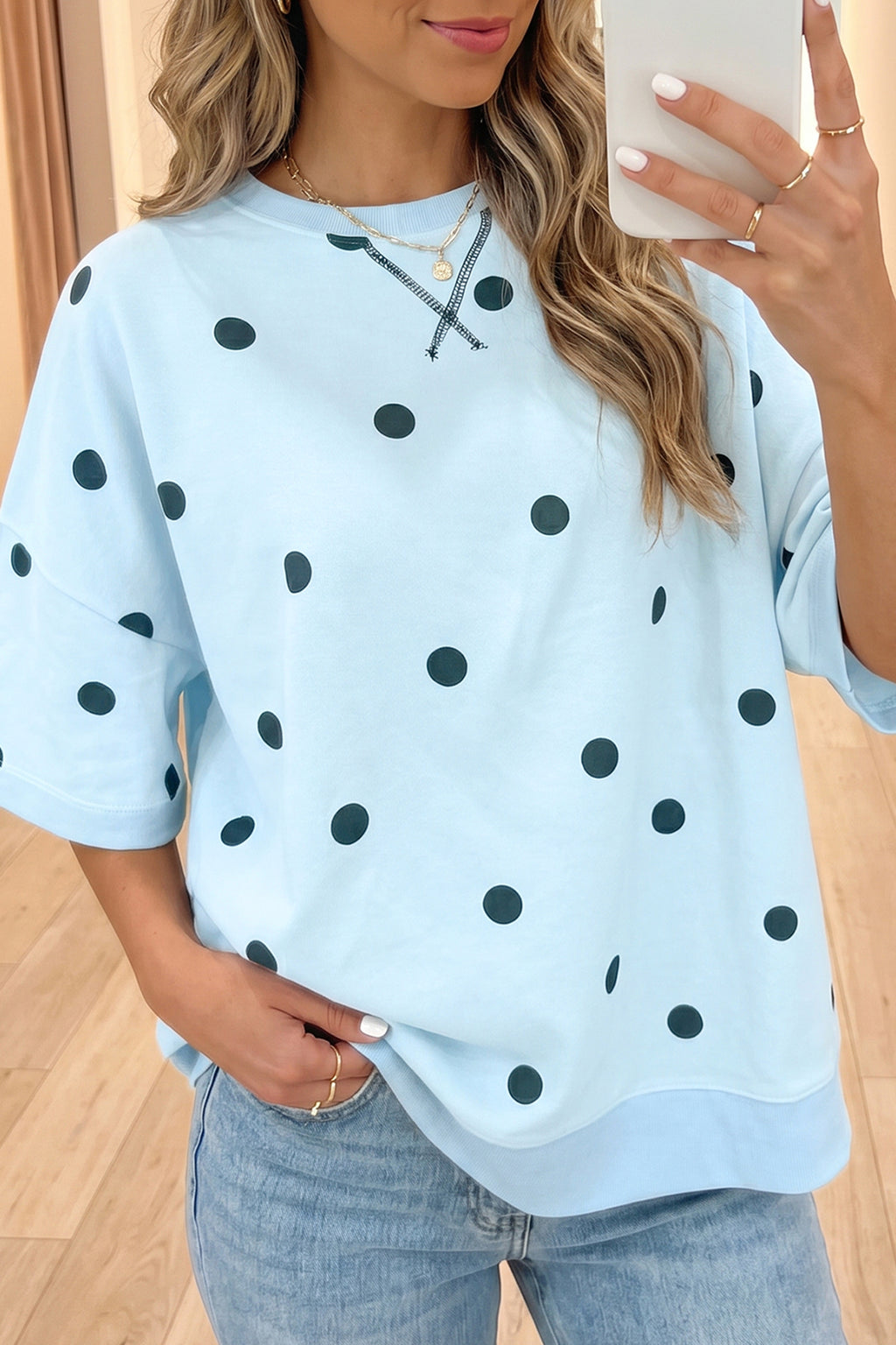 Sky Blue Polka Dot Print Crossed Seam Detail Oversize Top
