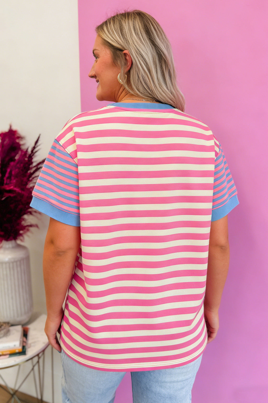 Pink Stripe Contrast Patchwork Short Sleeve Top