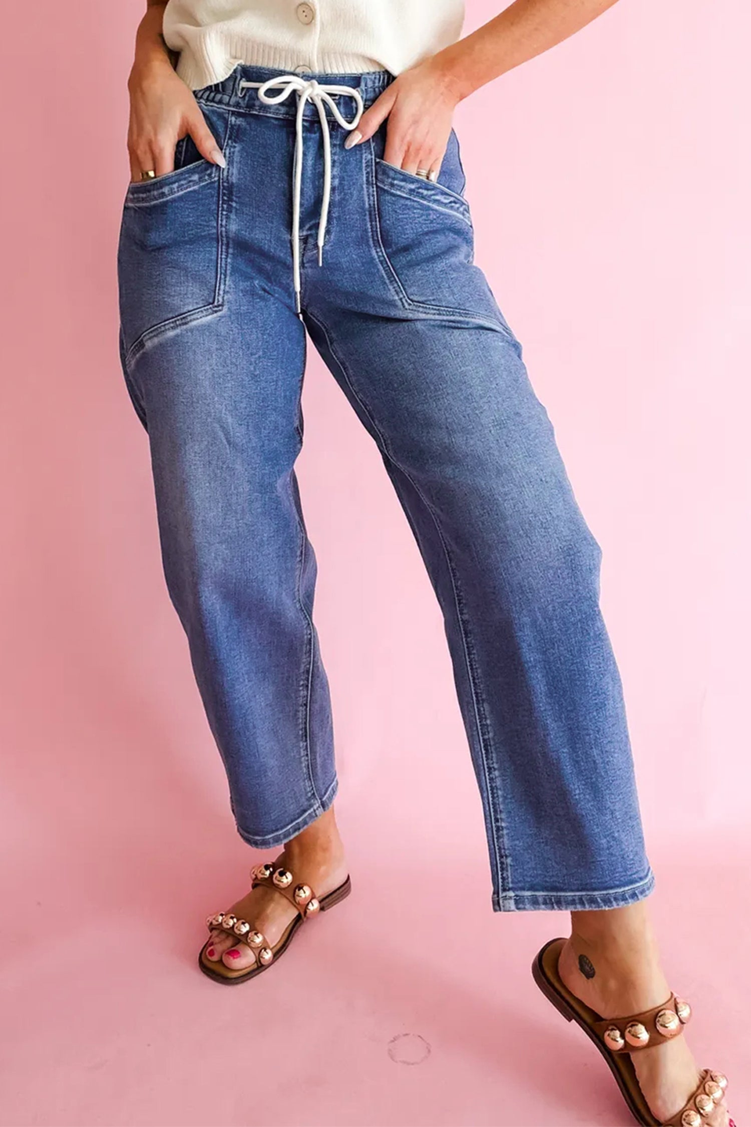 Ashleigh Blue Drawstring Waist Ankle Length Casual Jeans Pocket Detail Denim Pants