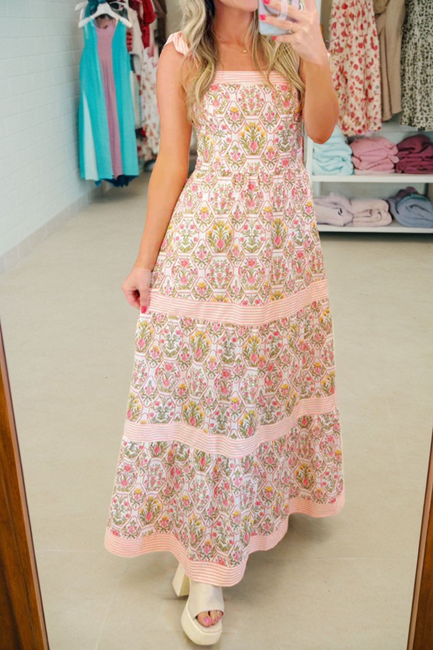 Floral Print Striped Patchwork Detail Sleeveless Dress