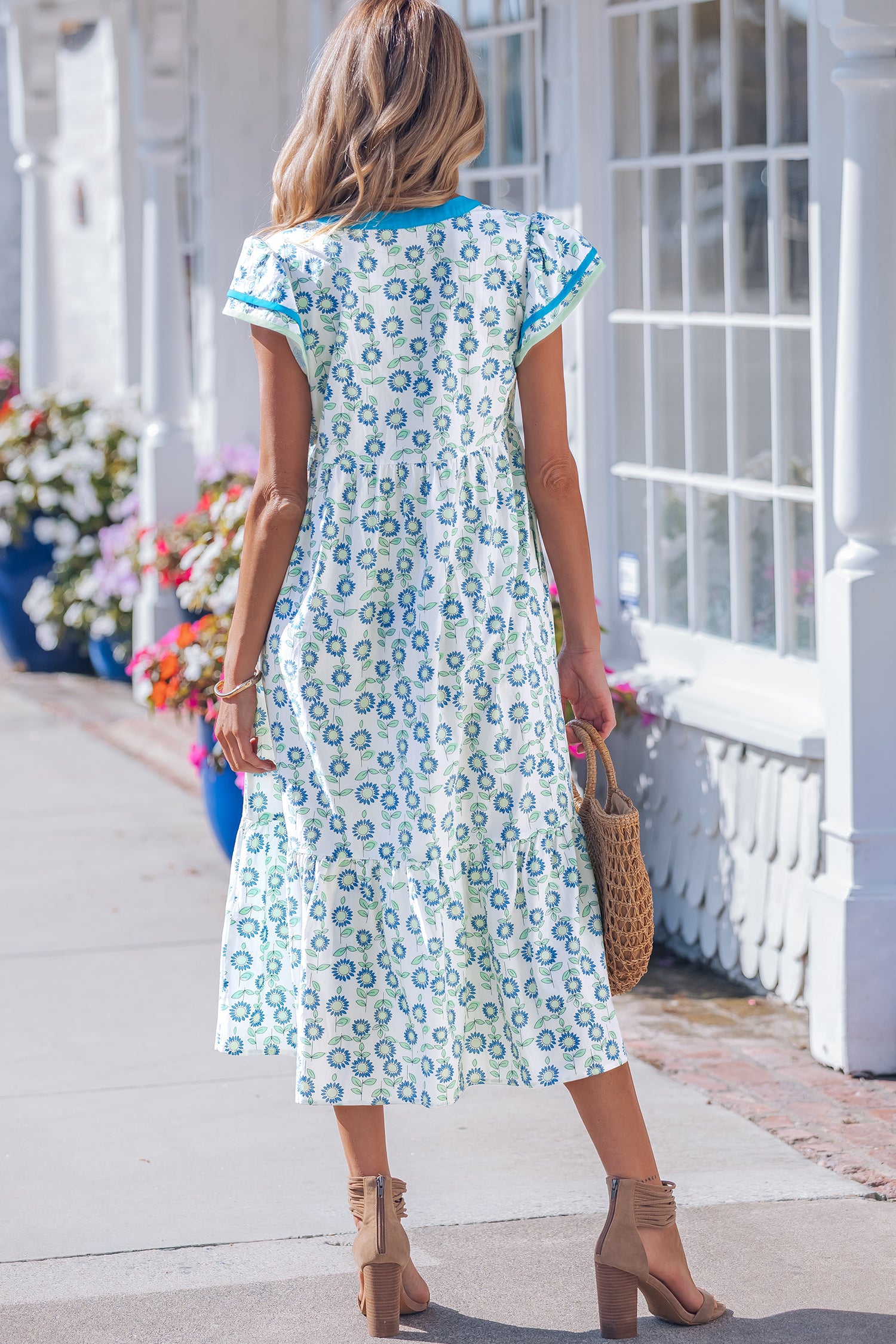 Sky Blue Cute Sunflower Printed Striped Patchwork Trim Flutter Dress
