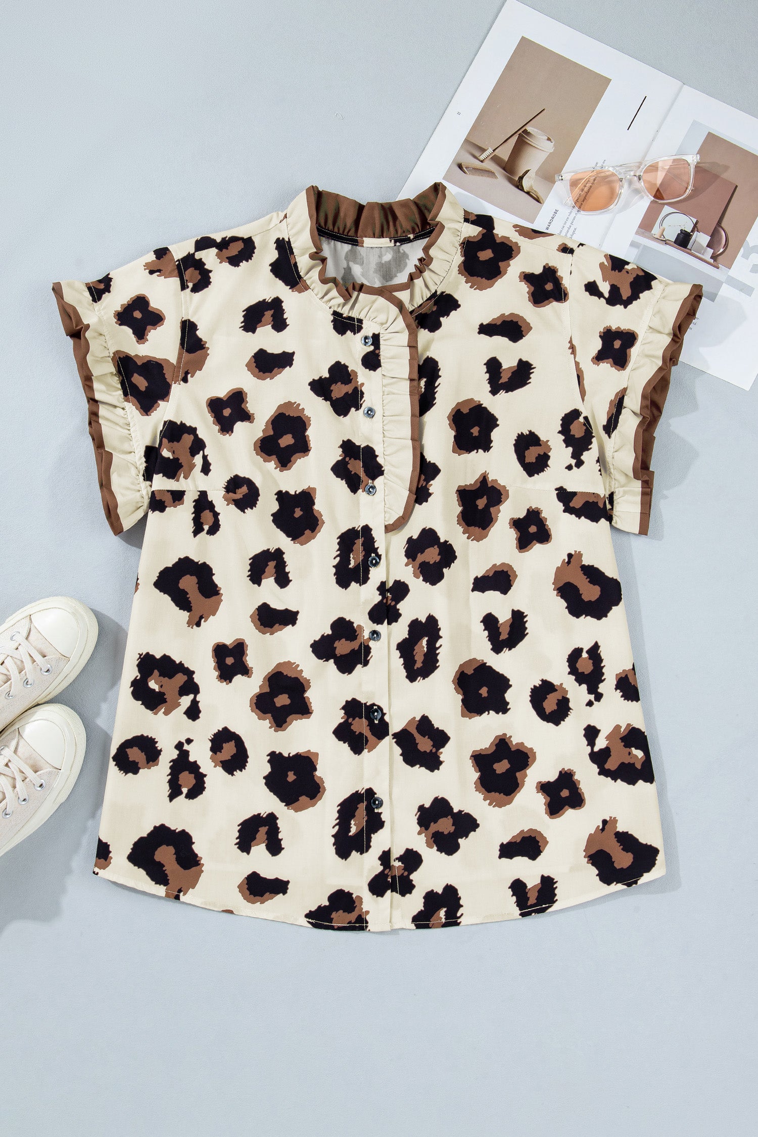 Plus Size Leopard Print Frilled Color Block Trim Button Down Short Sleeve Top