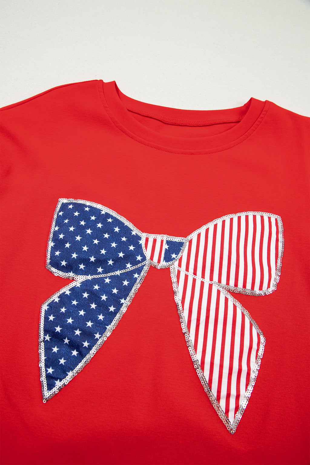 Fiery Red Sequin Trim Stars and Stripes Bow Patched Shirt Mini Dress