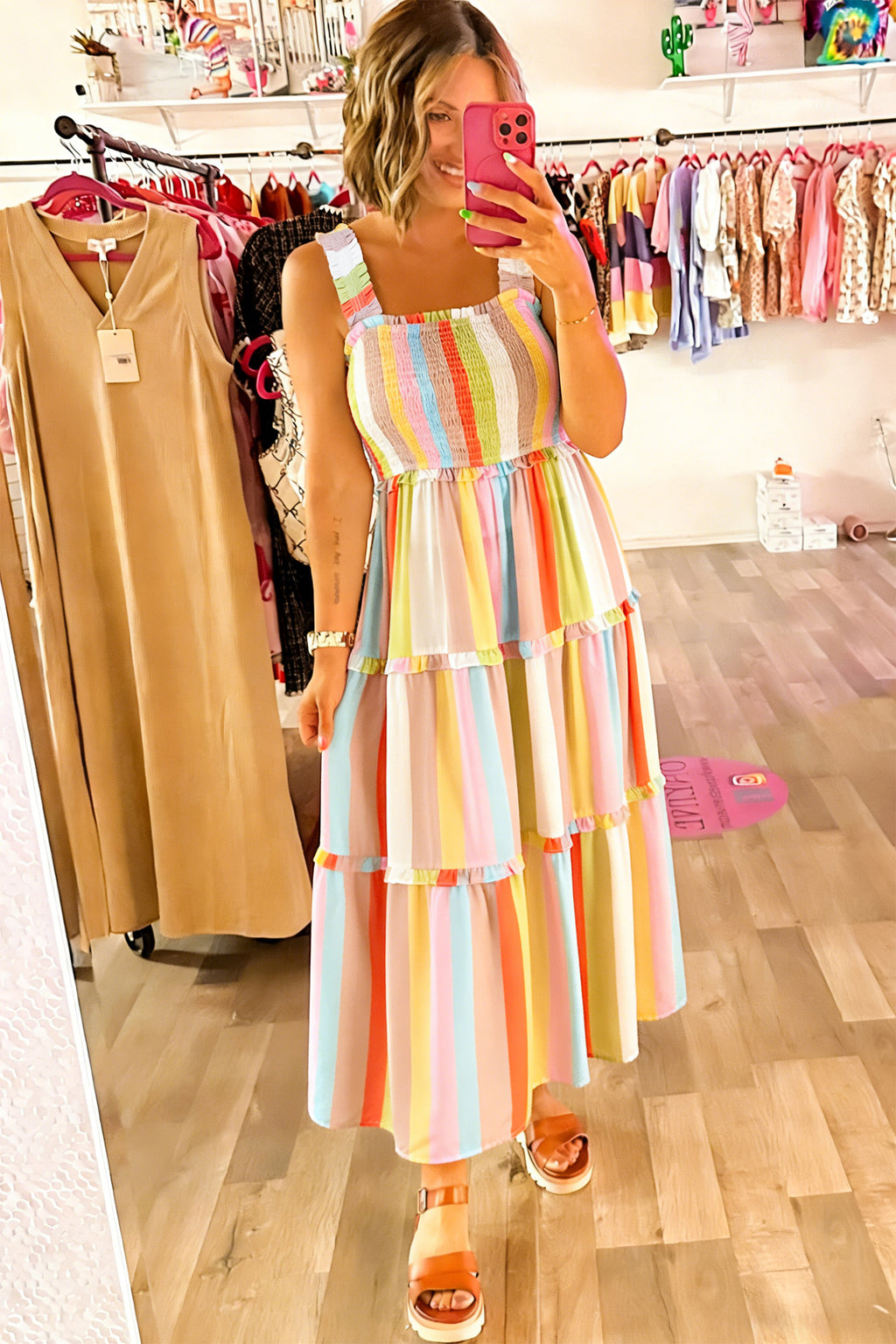 Striped Print Frilly Tiered Maxi Dress