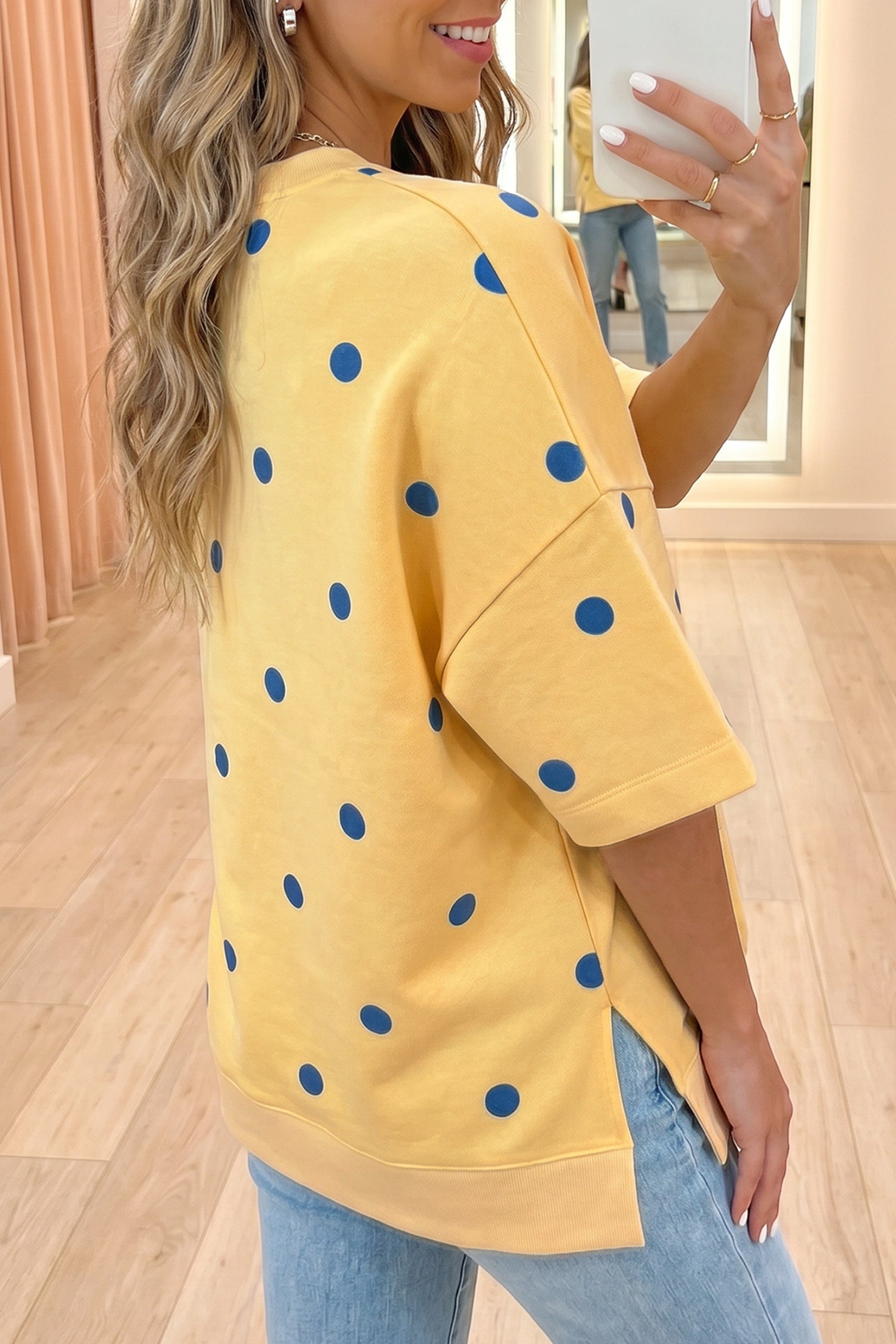 Sky Blue Polka Dot Print Crossed Seam Detail Oversize Top