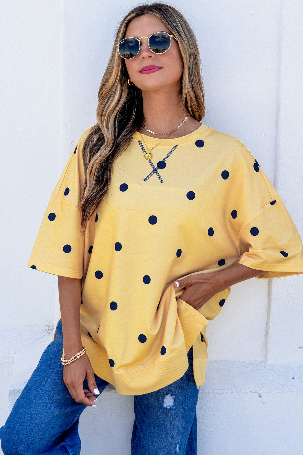Sky Blue Polka Dot Print Crossed Seam Detail Oversize Top