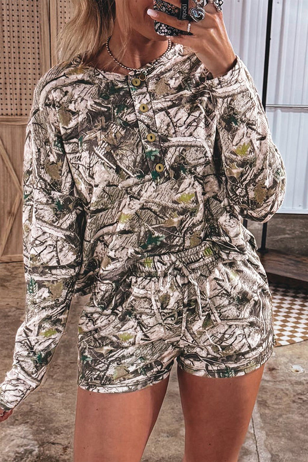 Camo Long Sleeve Elastic Waist Shorts Two Piece Set